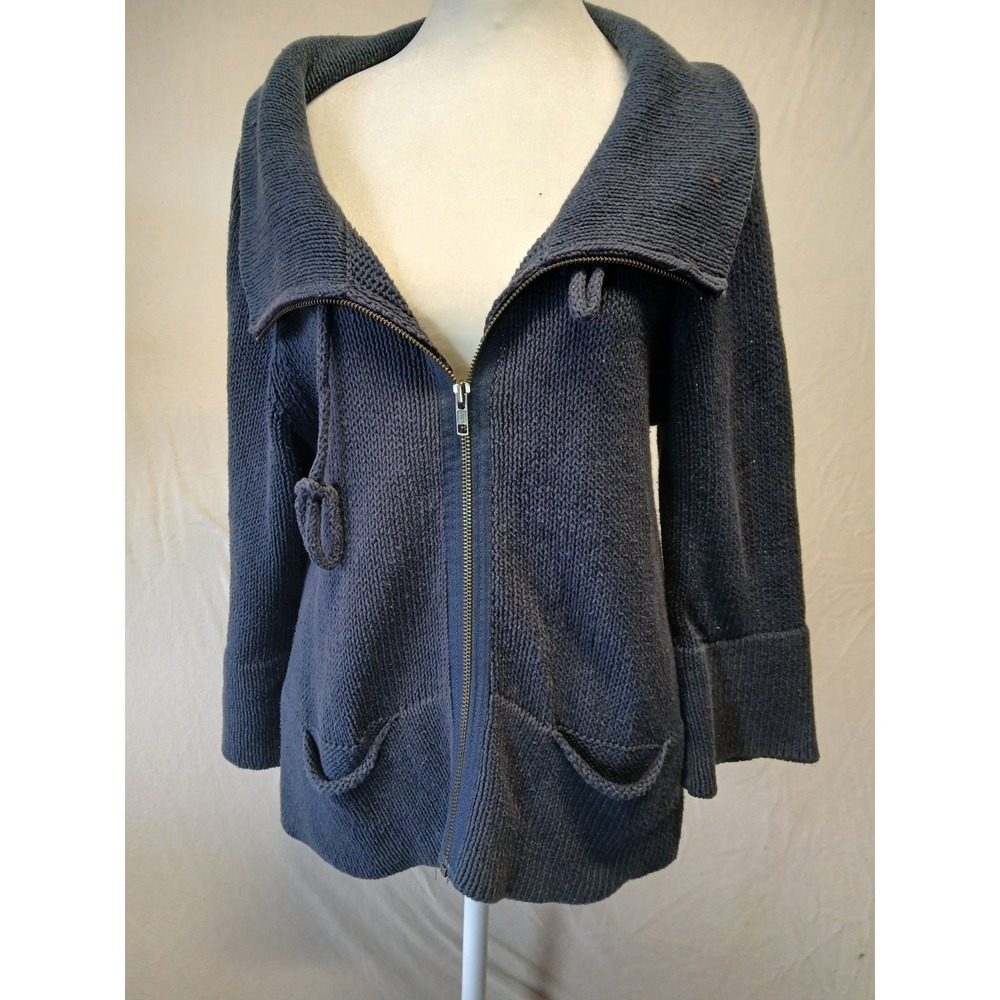 Sundance Linen Blend Zip-Up Hooded Cardigan Sweater Wide Sleeve Navy Medium
